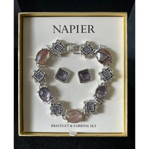 Napier Bracelet & Earring Set Purple‎ Gray Faceted Stone Jewelry Boxed